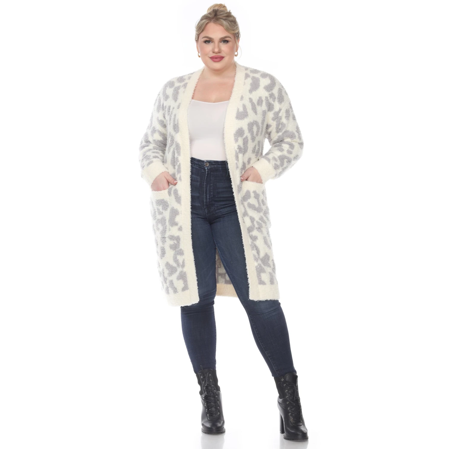 Plus Size Leopard Print Sherpa Coat - Open Front Cardigan with Pockets 12 Plus Size Leopard Print Sherpa Coat - Open Front Cardigan with Pockets - Image 12