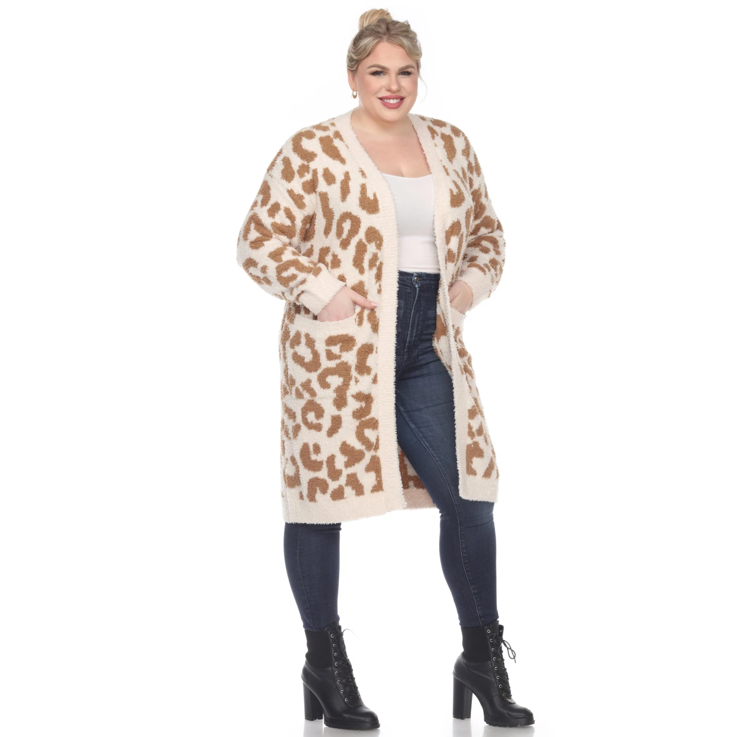 Plus Size Leopard Print Sherpa Coat - Open Front Cardigan with Pockets 4 Plus Size Leopard Print Sherpa Coat - Open Front Cardigan with Pockets - Image 4