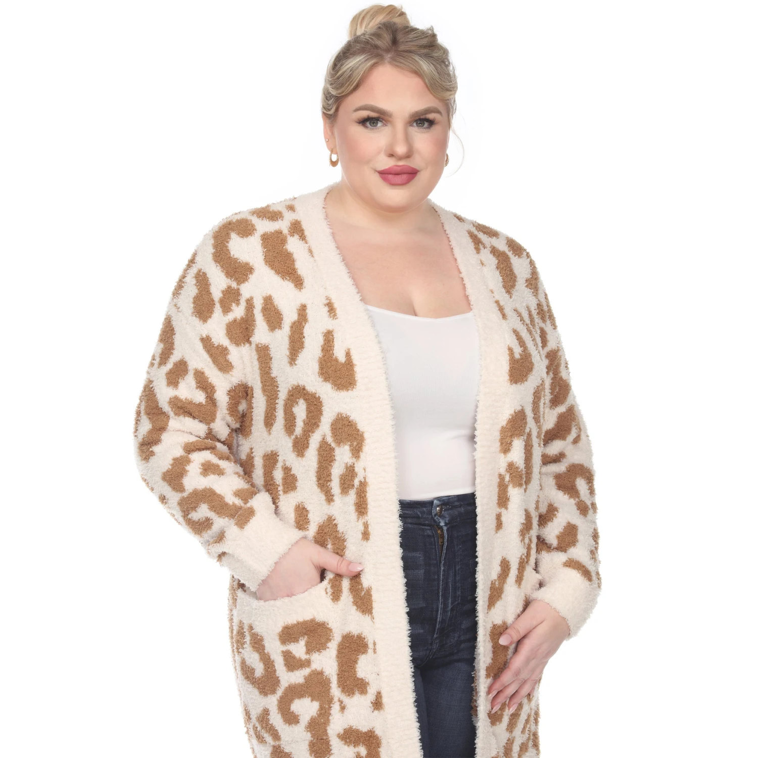 Plus Size Leopard Print Sherpa Coat - Open Front Cardigan with Pockets 1 Plus Size Leopard Print Sherpa Coat - Open Front Cardigan with Pockets