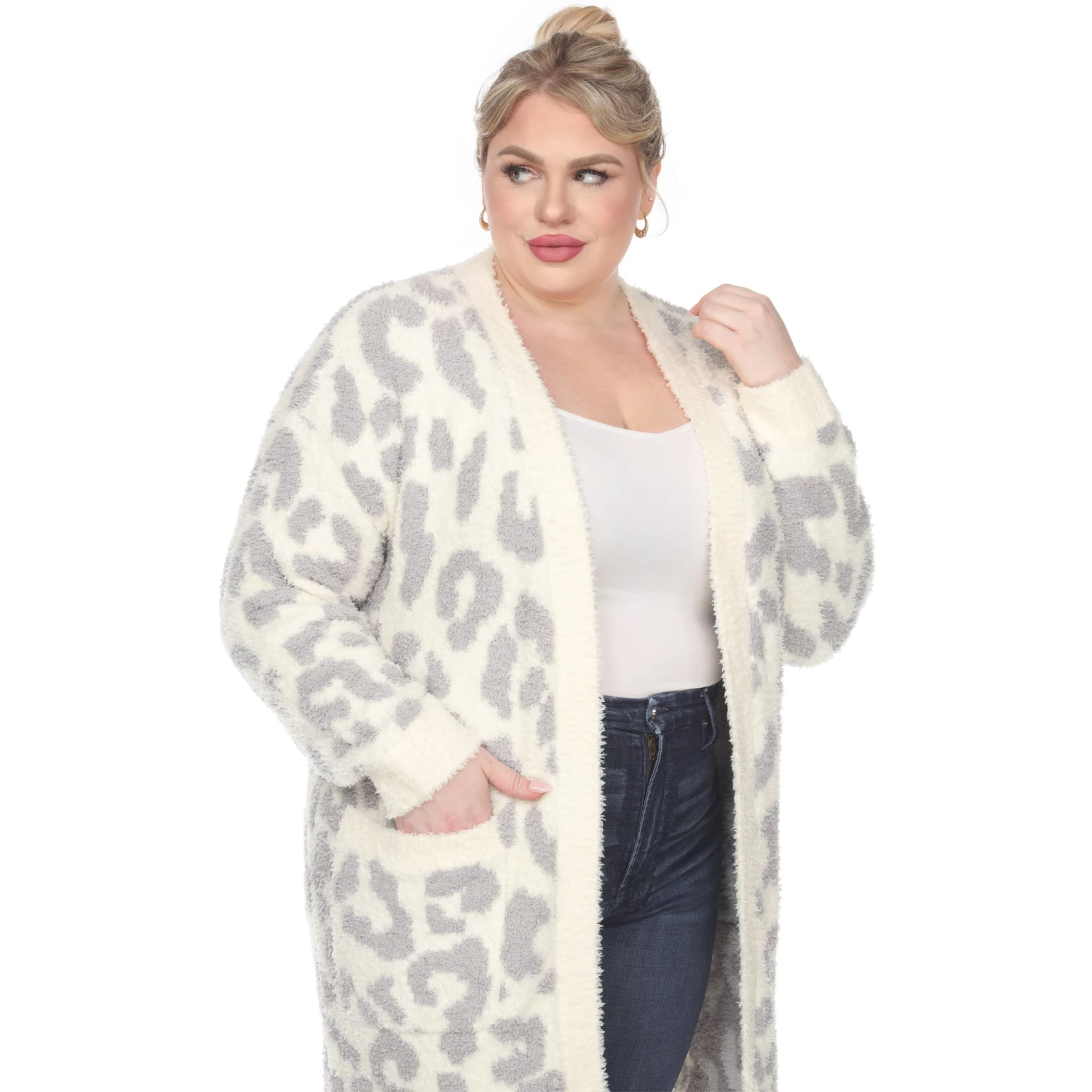 Plus Size Leopard Print Sherpa Coat - Open Front Cardigan with Pockets 16 Plus Size Leopard Print Sherpa Coat - Open Front Cardigan with Pockets - Image 16