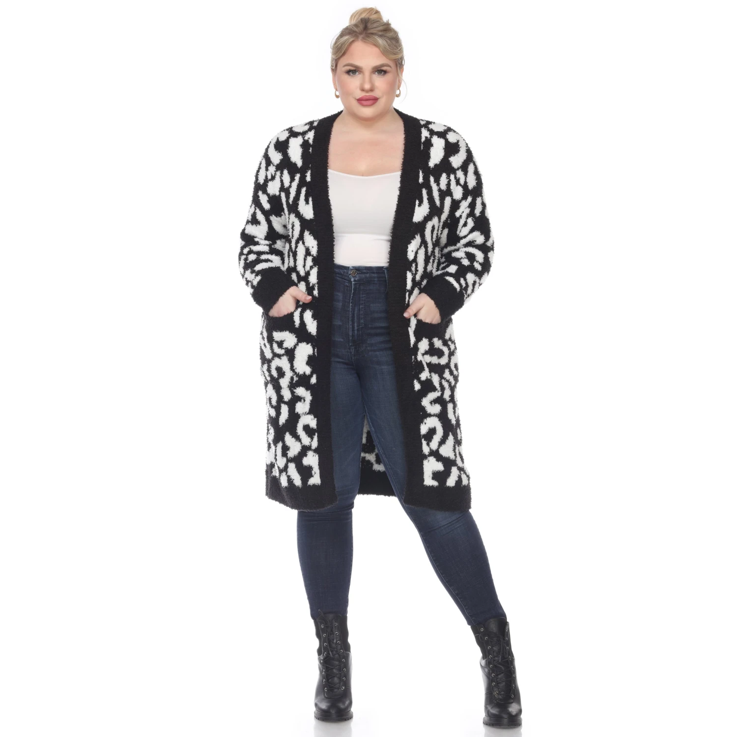 Plus Size Leopard Print Sherpa Coat - Open Front Cardigan with Pockets 8 Plus Size Leopard Print Sherpa Coat - Open Front Cardigan with Pockets - Image 8