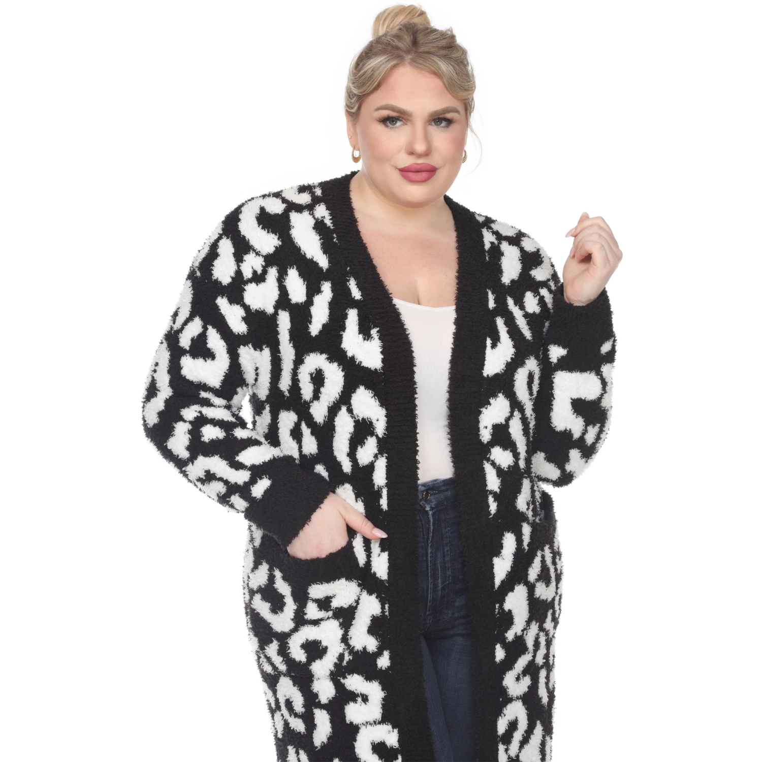 Plus Size Leopard Print Sherpa Coat - Open Front Cardigan with Pockets 6 Plus Size Leopard Print Sherpa Coat - Open Front Cardigan with Pockets - Image 6