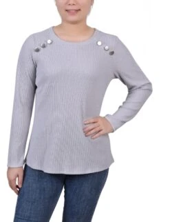 Petite Ribbed Long Sleeve Top - Light Charcoal Button Detail Pullover