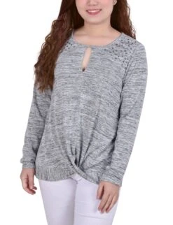Petite Light Grey Long Sleeve Knit Keyhole Top with Stud Accents