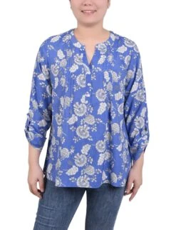 NY Collection Petite Pintuck Front Blouse with Roll-Tab Sleeves