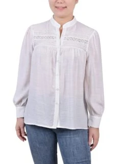 NY Collection Petite Long Sleeve Crochet Blouse with Pintuck Detail