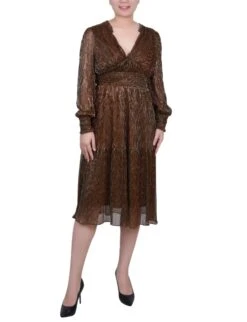 NY Collection Petite Long Sleeve Plisse Mesh Dress with Lurex Shimmer