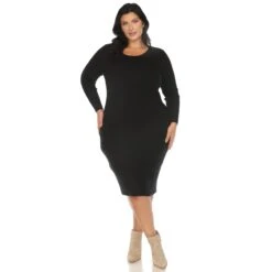 Plus Size Long Sleeve Ribbed Midi Sweater Dress with Back Slit