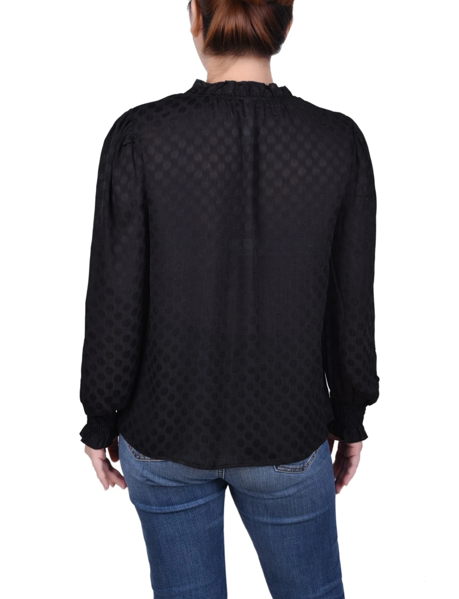 NY Collection Petite Long Sleeve Smocked Cuff Blouse - Satin Dotted 3 NY Collection Petite Long Sleeve Smocked Cuff Blouse - Satin Dotted - Image 3