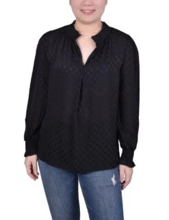 NY Collection Petite Long Sleeve Smocked Cuff Blouse - Satin Dotted