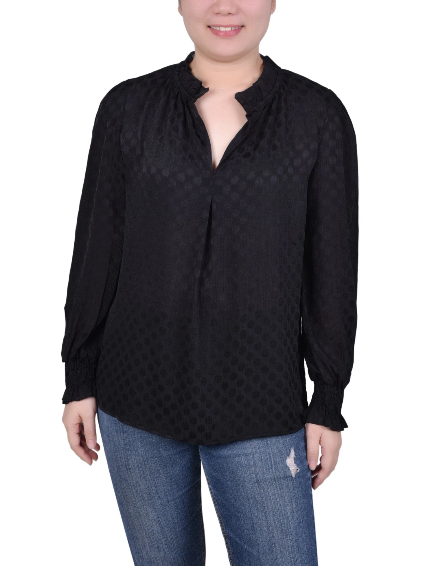 NY Collection Petite Long Sleeve Smocked Cuff Blouse - Satin Dotted 1 NY Collection Petite Long Sleeve Smocked Cuff Blouse - Satin Dotted