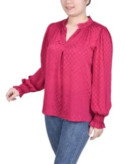 NY Collection Petite Long Sleeve Smocked Cuff Blouse - Satin Dotted 10 NY Collection Petite Long Sleeve Smocked Cuff Blouse - Satin Dotted -Dressbarn Store long sleeve smocked cuff blouse petite 413720