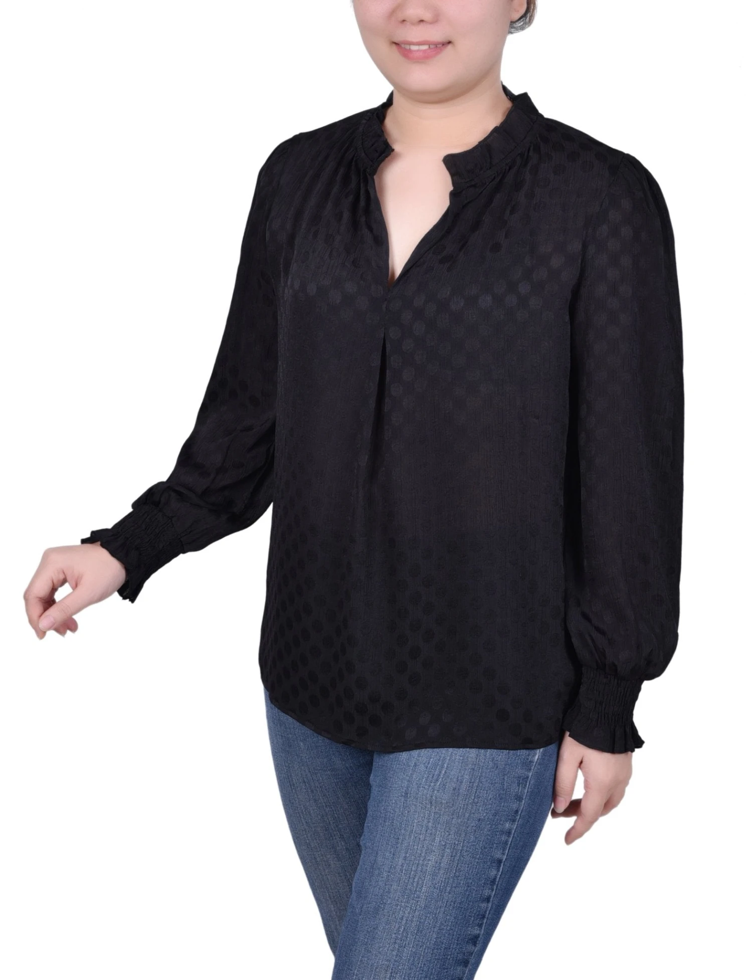 NY Collection Petite Long Sleeve Smocked Cuff Blouse - Satin Dotted 2 NY Collection Petite Long Sleeve Smocked Cuff Blouse - Satin Dotted - Image 2