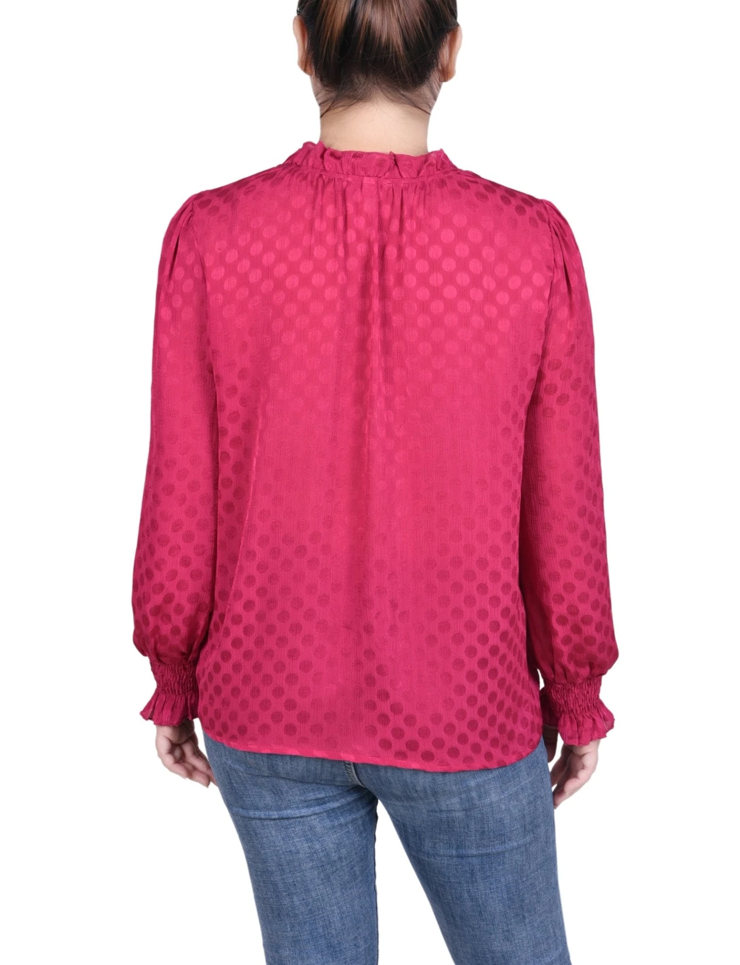 NY Collection Petite Long Sleeve Smocked Cuff Blouse - Satin Dotted 6 NY Collection Petite Long Sleeve Smocked Cuff Blouse - Satin Dotted - Image 6