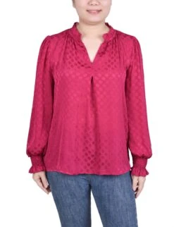 NY Collection Petite Long Sleeve Smocked Cuff Blouse - Satin Dotted 9 NY Collection Petite Long Sleeve Smocked Cuff Blouse - Satin Dotted -Dressbarn Store long sleeve smocked cuff blouse petite 555927