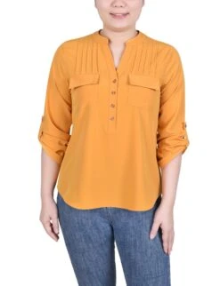 NY Collection Petite Long Tab-Sleeve Blouse with Pintuck Details
