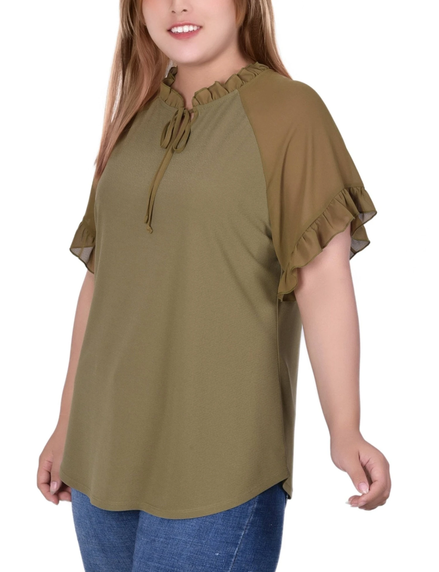 Plus Size Martini Olive Short Ruffle Sleeve Crepe Knit Top 2 Plus Size Martini Olive Short Ruffle Sleeve Crepe Knit Top - Image 2