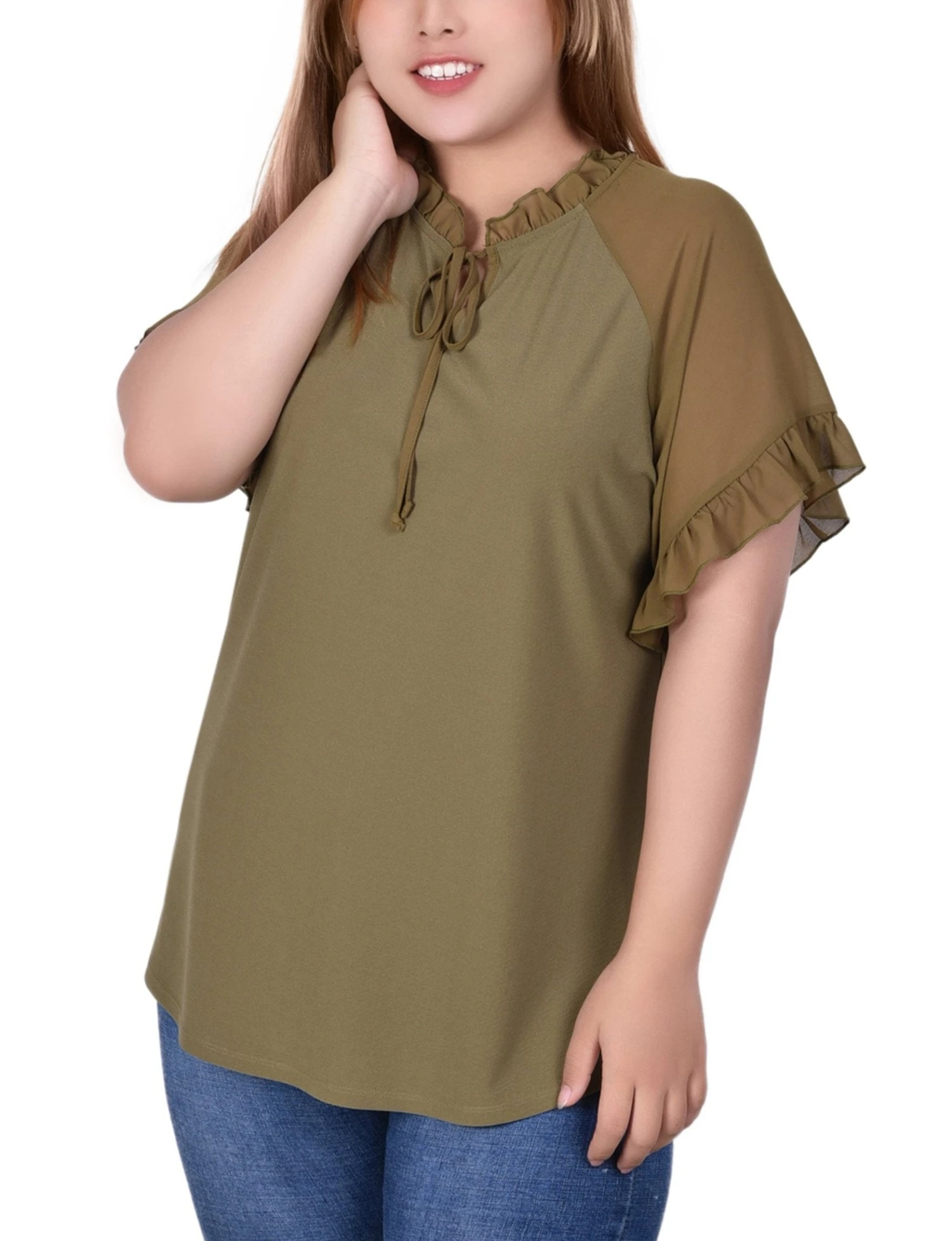 Plus Size Martini Olive Short Ruffle Sleeve Crepe Knit Top 1 Plus Size Martini Olive Short Ruffle Sleeve Crepe Knit Top