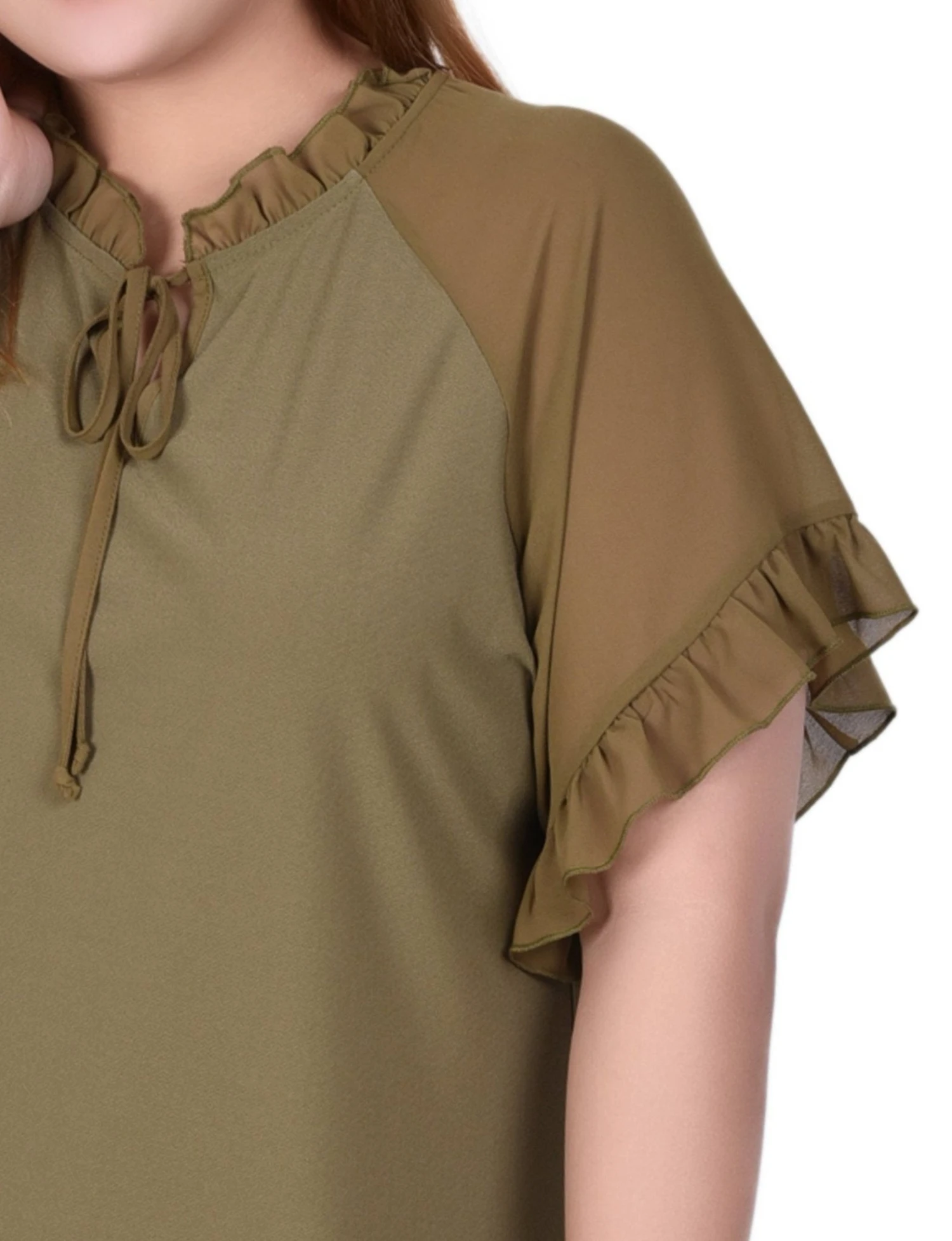 Plus Size Martini Olive Short Ruffle Sleeve Crepe Knit Top 3 Plus Size Martini Olive Short Ruffle Sleeve Crepe Knit Top - Image 3