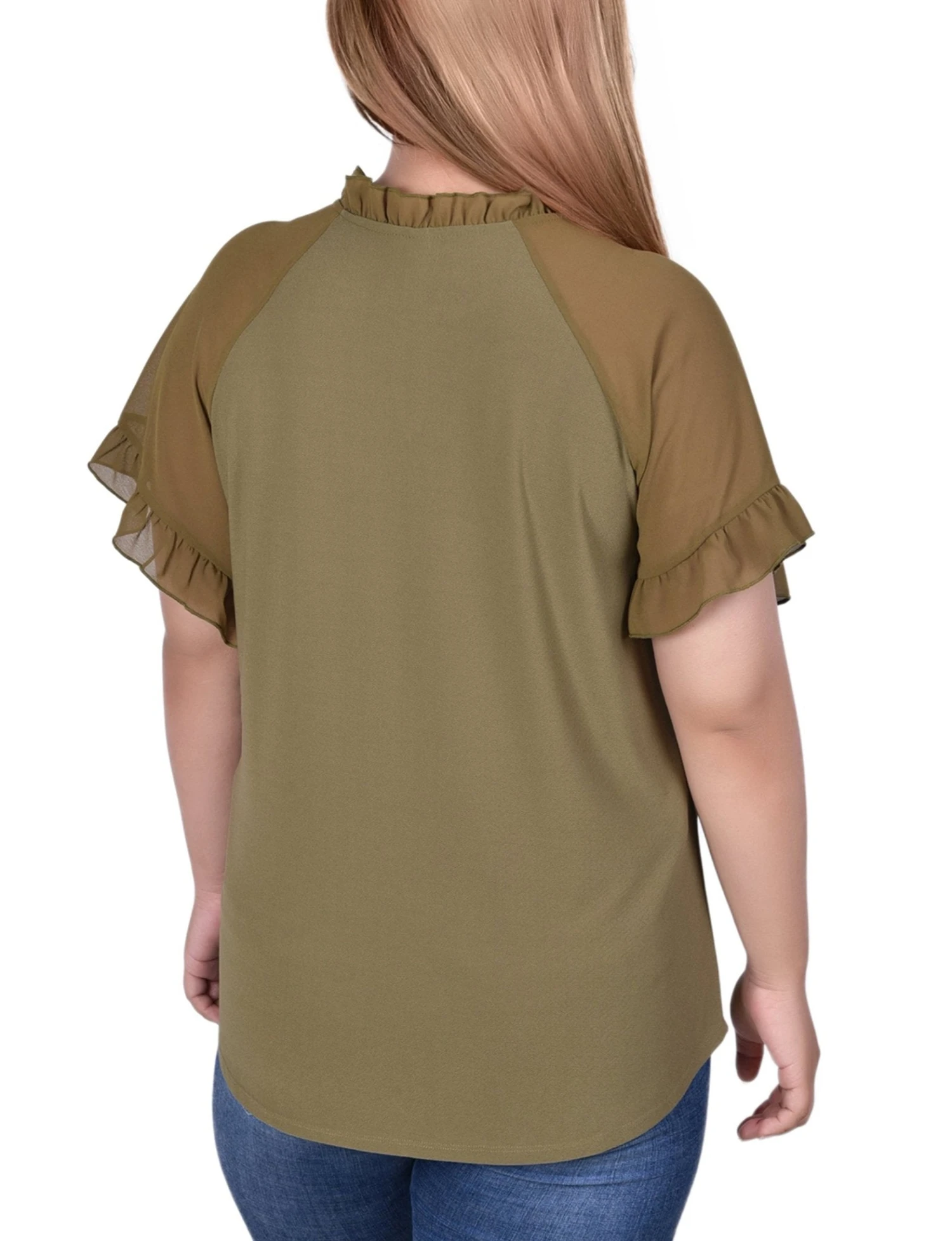 Plus Size Martini Olive Short Ruffle Sleeve Crepe Knit Top 4 Plus Size Martini Olive Short Ruffle Sleeve Crepe Knit Top - Image 4