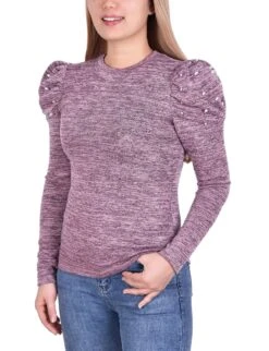 Elegant Mauve Puff Sleeve Top with Pearl Embellishments - Petite Fit