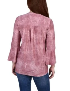Mauve Tie Dye 3/4 Bell Sleeve Pleat Front Y Neck Top -Dressbarn Store mauve tie dye 34 bell sleeve pleat front y neck top 181497