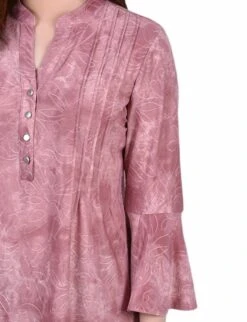 Mauve Tie Dye 3/4 Bell Sleeve Pleat Front Y Neck Top -Dressbarn Store mauve tie dye 34 bell sleeve pleat front y neck top 289700