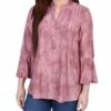 Mauve Tie Dye 3/4 Bell Sleeve Pleat Front Y Neck Top