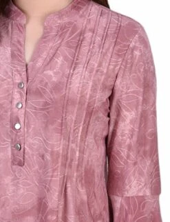 Petite Mauve Tie Dye 3/4 Bell Sleeve Pleated Y Neck Top -Dressbarn Store mauve tie dye 34 bell sleeve pleat front y neck top petite 807283