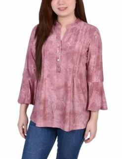 Petite Mauve Tie Dye 3/4 Bell Sleeve Pleated Y Neck Top