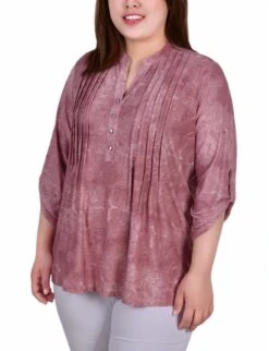 Plus Size Mauve Tie Dye 3/4 Sleeve Roll Tab Y Neck Top