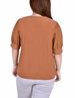 Plus Size Short Sleeve Balloon Sleeve Knit Top with Neck Hardware Detail 7 Plus Size Short Sleeve Balloon Sleeve Knit Top with Neck Hardware Detail -Dressbarn Store meerkat short sleeve balloon sleeve top with hardware plus 767548