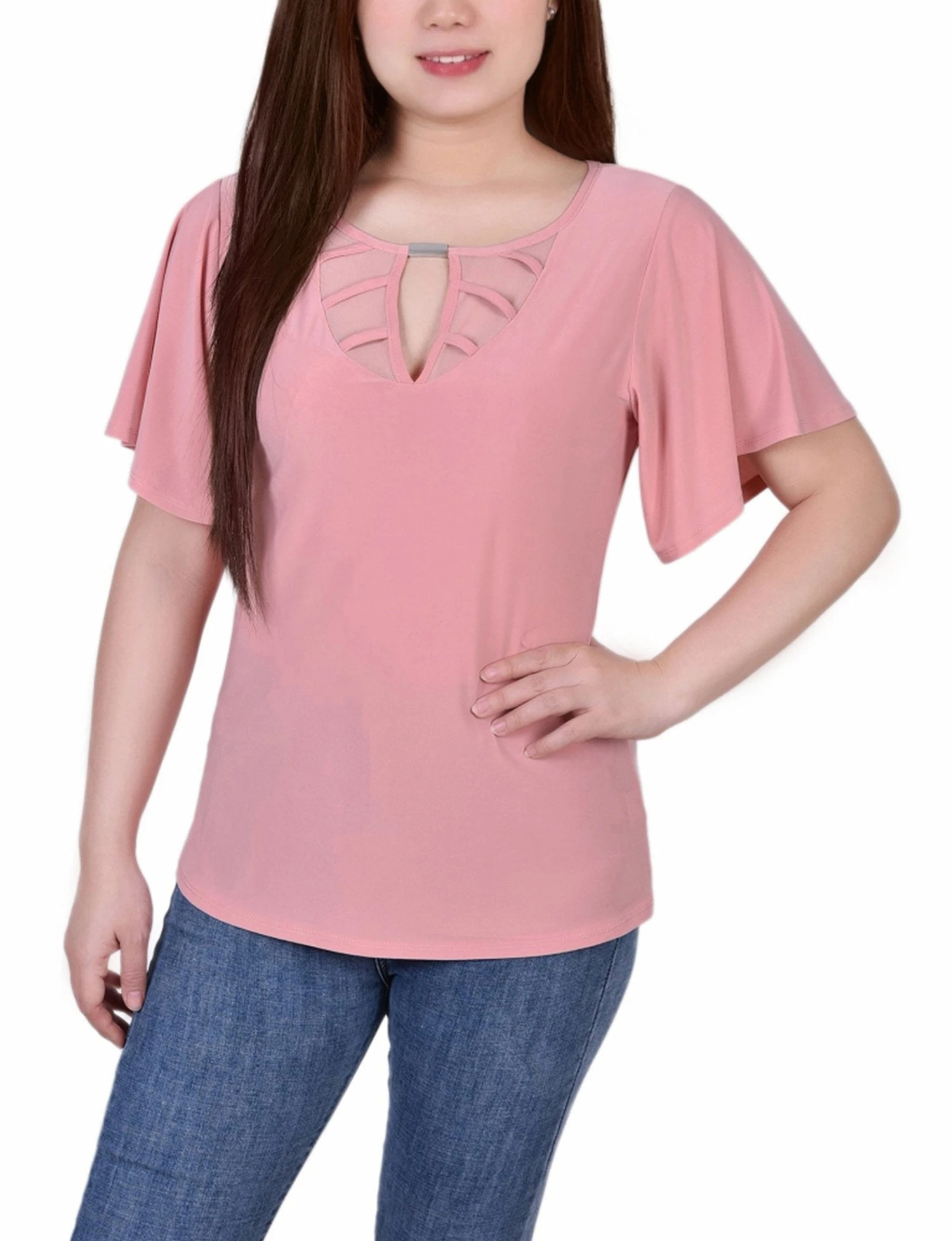 Petite 3/4 Sleeve Blouse with Necklace - Mellow Rose 1 Petite 3/4 Sleeve Blouse with Necklace - Mellow Rose