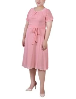 Plus Size Swiss Dot Belted Dress in Mellow Rose - Short Sleeve
