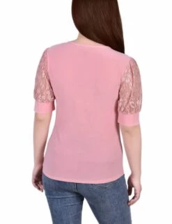 Petite Lace Puff Sleeve Top - Mellow Rose Elegant Blouse -Dressbarn Store mellow rose short puff sleeve top with lace sleeves and yoke petite 535401