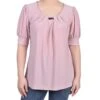 Petite Short Sleeve Balloon Sleeve Top with Hardware - Mellow Rose