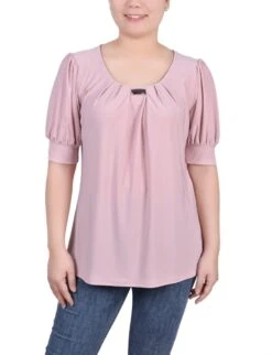 Petite Short Sleeve Balloon Sleeve Top with Hardware - Mellow Rose