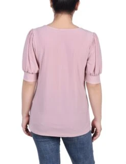 Petite Short Sleeve Balloon Sleeve Top with Hardware - Mellow Rose 7 Petite Short Sleeve Balloon Sleeve Top with Hardware - Mellow Rose -Dressbarn Store mellow rose short sleeve balloon sleeve top with hardware petite 481654