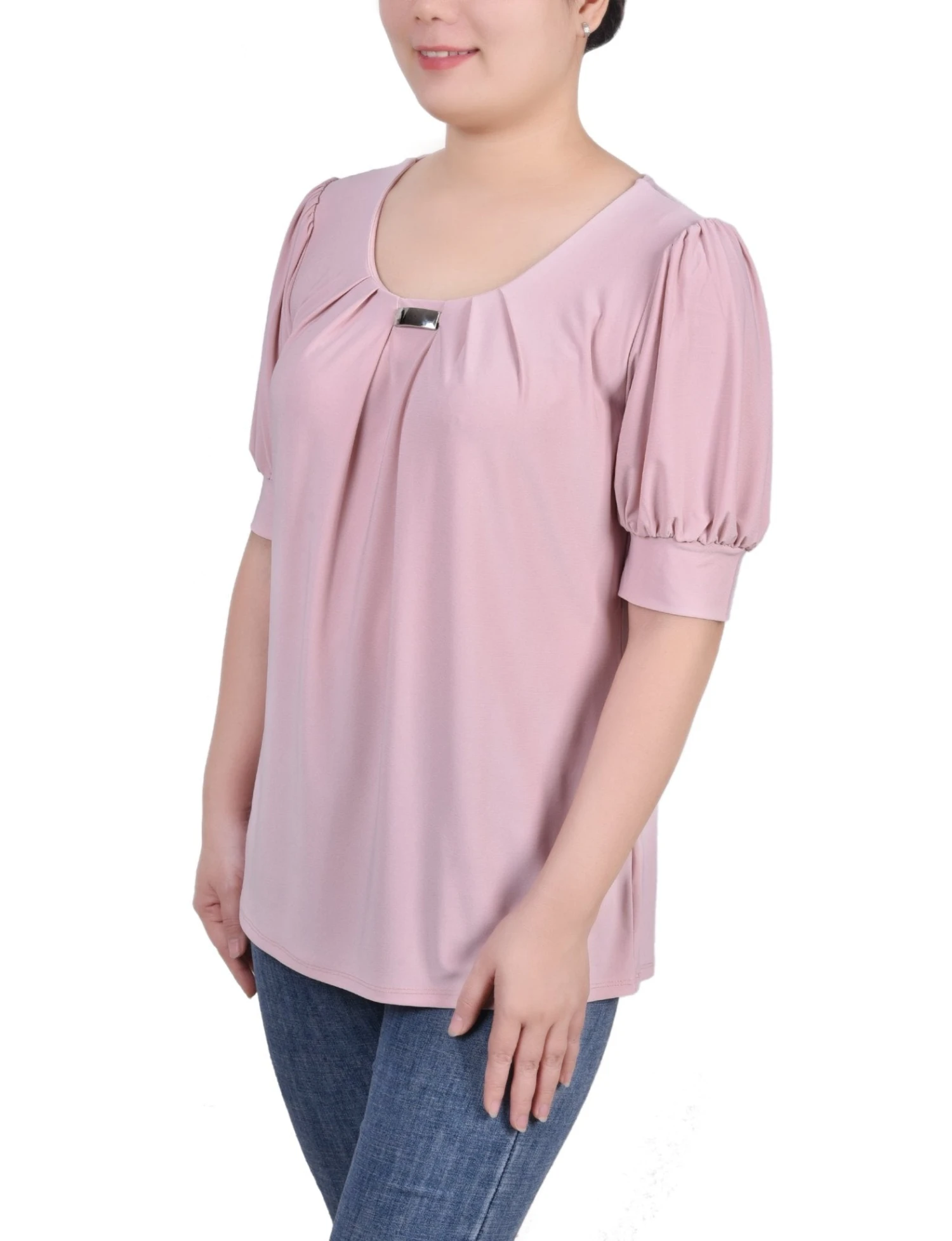 Petite Short Sleeve Balloon Sleeve Top with Hardware - Mellow Rose 2 Petite Short Sleeve Balloon Sleeve Top with Hardware - Mellow Rose - Image 2
