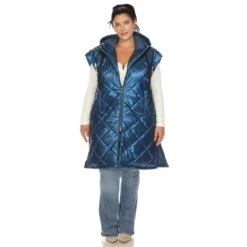 Women's Plus Size Metallic Diamond Quilted Long Puffer Vest with Hood
