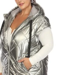 Women's Plus Size Metallic Diamond Quilted Long Puffer Vest with Hood -Dressbarn Store metallic diamond quilted puffer vest plus 438859