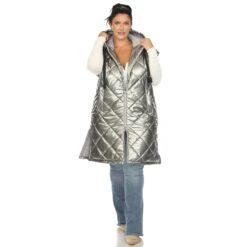 Women's Plus Size Metallic Diamond Quilted Long Puffer Vest with Hood -Dressbarn Store metallic diamond quilted puffer vest plus 732561