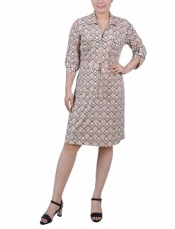 Moonlight Diamonds Petite Belted Roll Tab Zip Front Shirtdress
