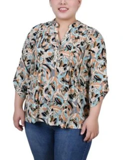 Multi Abstract Print Y-Neck Top with 3/4 Roll Tab Sleeves - Plus Size