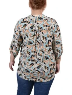 Multi Abstract Print Y-Neck Top with 3/4 Roll Tab Sleeves - Plus Size -Dressbarn Store multi abstract 34 sleeve roll tab y neck top plus 655956