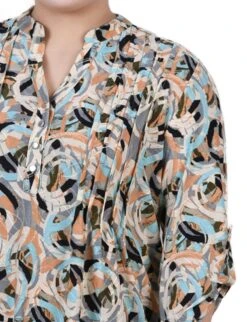 Multi Abstract Print Y-Neck Top with 3/4 Roll Tab Sleeves - Plus Size -Dressbarn Store multi abstract 34 sleeve roll tab y neck top plus 864139