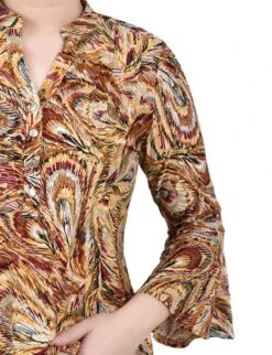 Elegant Peacock Print Pleated Y-Neck Top with 3/4 Bell Sleeves -Dressbarn Store multi grey peacock 34 bell sleeve pleat front y neck top 124476