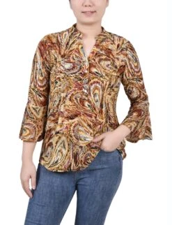 Elegant Peacock Print Pleated Y-Neck Top with 3/4 Bell Sleeves