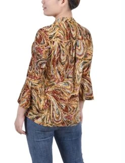 Elegant Peacock Print Pleated Y-Neck Top with 3/4 Bell Sleeves -Dressbarn Store multi grey peacock 34 bell sleeve pleat front y neck top 640077