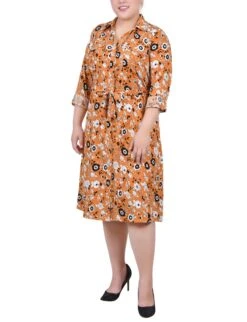 Plus Size Mustard Floral Roll-Tab Sleeve Belted Shirtdress